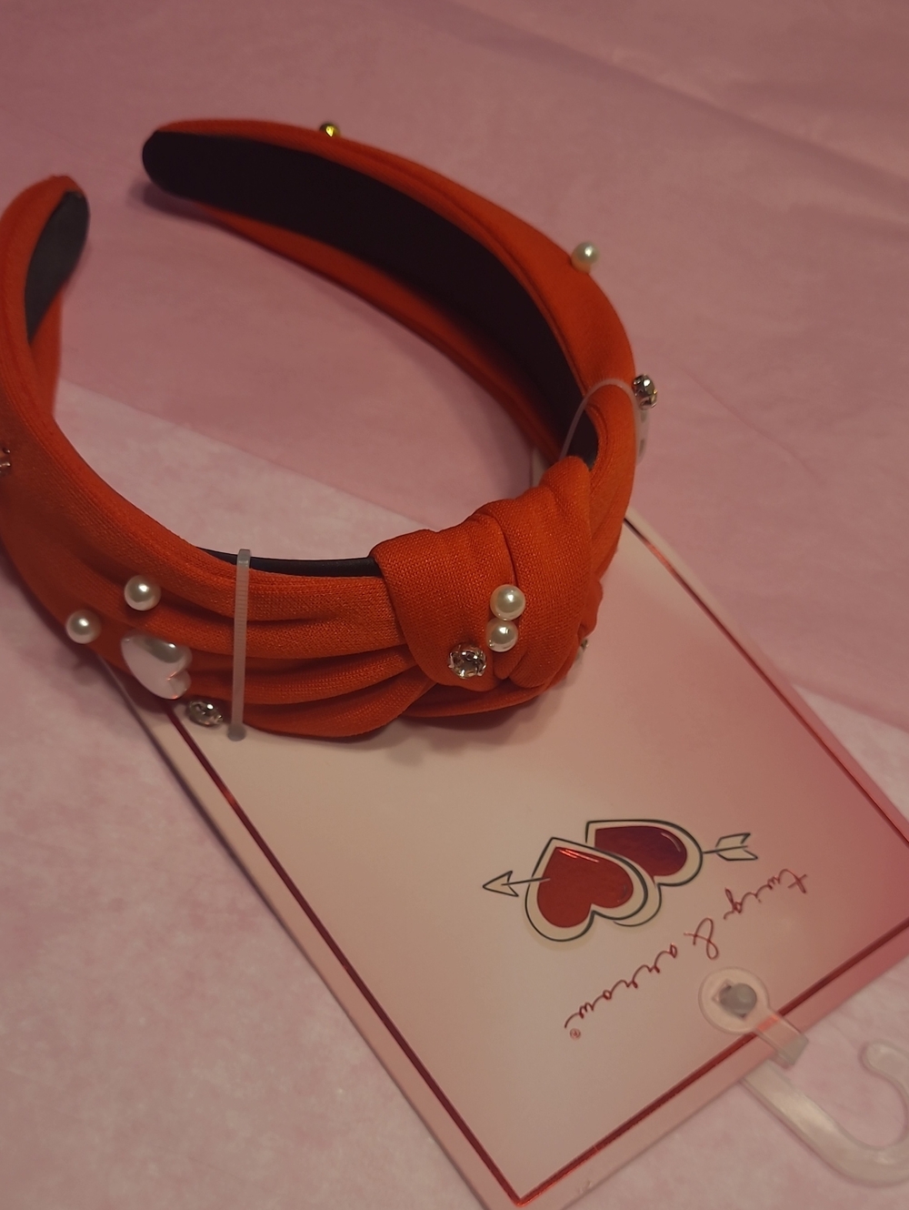 Twig & Arrow Red Knotted Pearl Accent Headband With Hearts